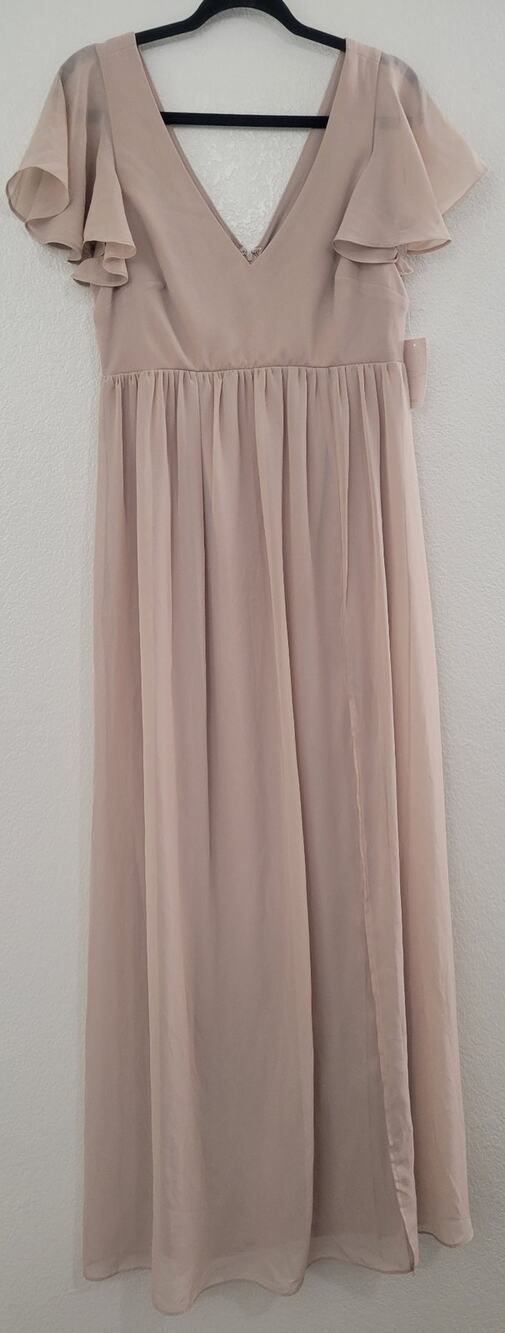 Birdy Grey Hannah Chiffon Maxi Dress M Taupe Flutter Sleeve Bridesmaid NWT